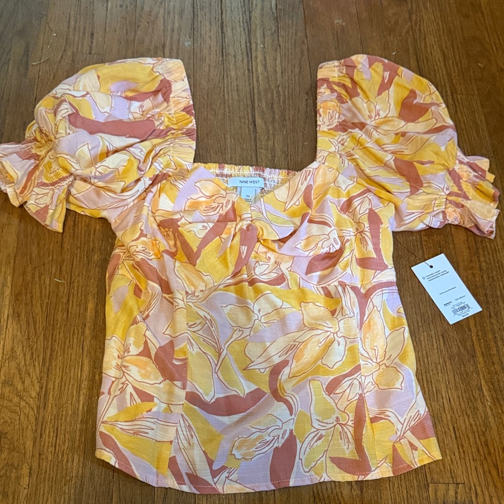 Nine West Floral Puff Sleeve Blouse - Pink and Yellow
